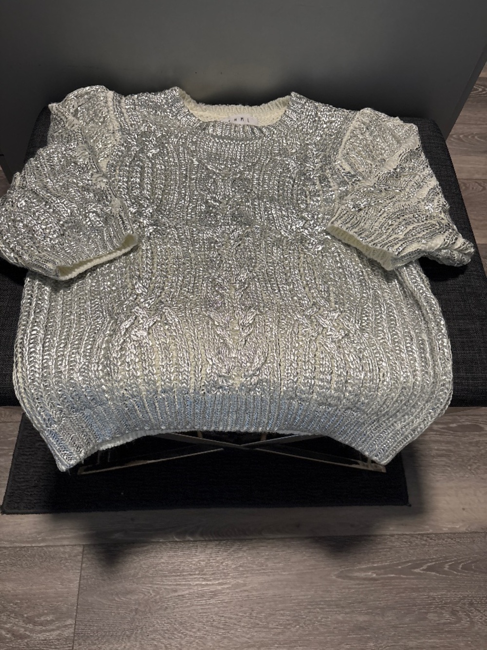 THML Metallic Silver Cable Knit Short Sleeve Sweater NWT-Look NWOT